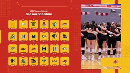 Season schedule grid for 2023 Women's Volleyball on a red background (left) beside a gym photo of a girls' volleyball team in a huddle (right).