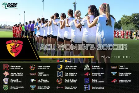 ACU Women's Soccer 2026 schedule banner with team lineup on the field and opponent list with logos at bottom.