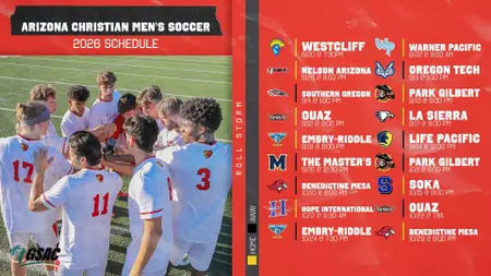 Arizona Christian University men's soccer 2026 schedule: players huddle on a field beside a red schedule panel with opponents and logos on the right.