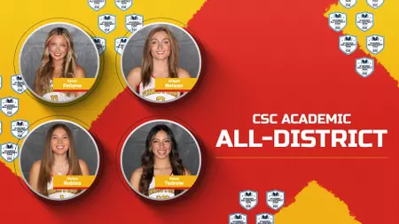 Banner announcing CSC Academic All-District with four student portraits in circular frames on a red and yellow abstract background.