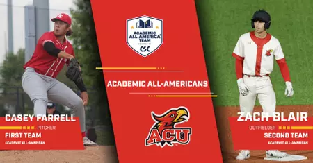 Athletic banner showing two baseball players in red and white uniforms on either side, with a central red panel reading 'Academic All-Americans' and the ACU logo, naming Casey Farrell (Pitcher, First Team) and Zach Blair (Outfielder, Second Team).