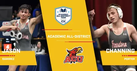 Collage announcing Academic All-District selections with two athletes, Jason Ramirez and Channing Porter, on yellow panels featuring the ACU eagle logo.