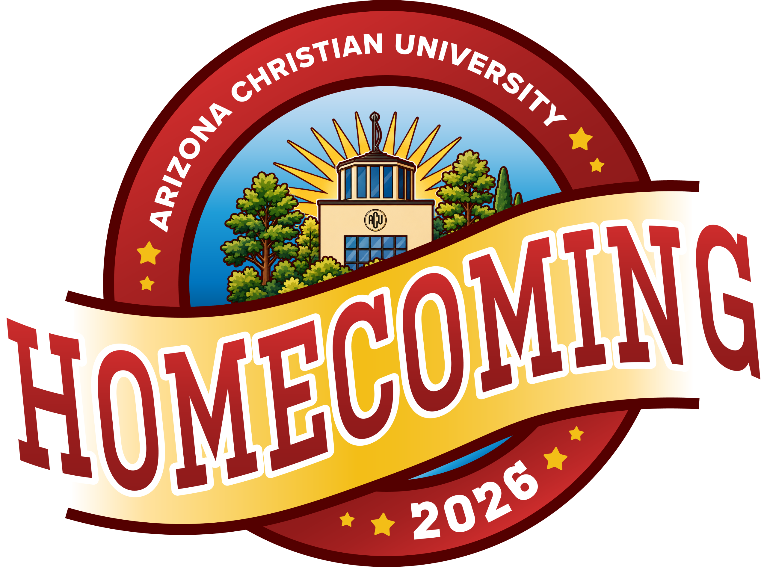 Circular Arizona Christian University homecoming badge with seal and sunburst, showing 2026 and celebratory banner text