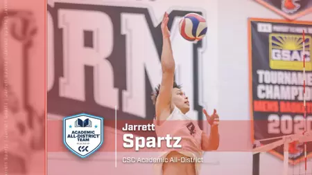 Volleyball player Jarrett Spartz spikes the ball on court, overlaid with an Academic All-District badge and name text.
