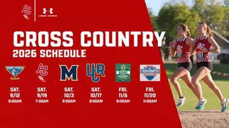 Cross Country 2026 schedule graphic with event logos on a red background, listing six race dates and times, plus two runners running on the right.