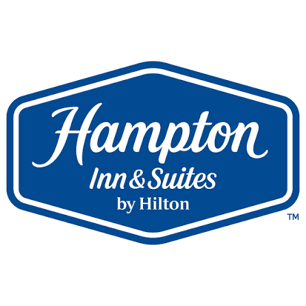 Blue Hampton Inn & Suites by Hilton logo, featuring white script text inside a rounded hexagonal blue badge.