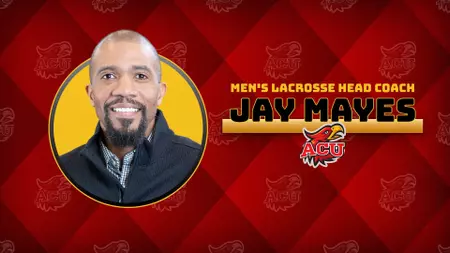 Portrait of Jay Mayes, men's lacrosse head coach, on a red patterned background with the ACU logo.