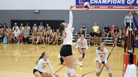 Women’s indoor volleyball match: a player wearing jersey number 12 jumps to spike the ball over the net as teammates position near the court and spectators watch from the bleachers.