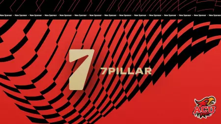 Bold red poster with a large beige number 7 and the word PILLAR over a black geometric pattern, ACU logo in the bottom-right corner.