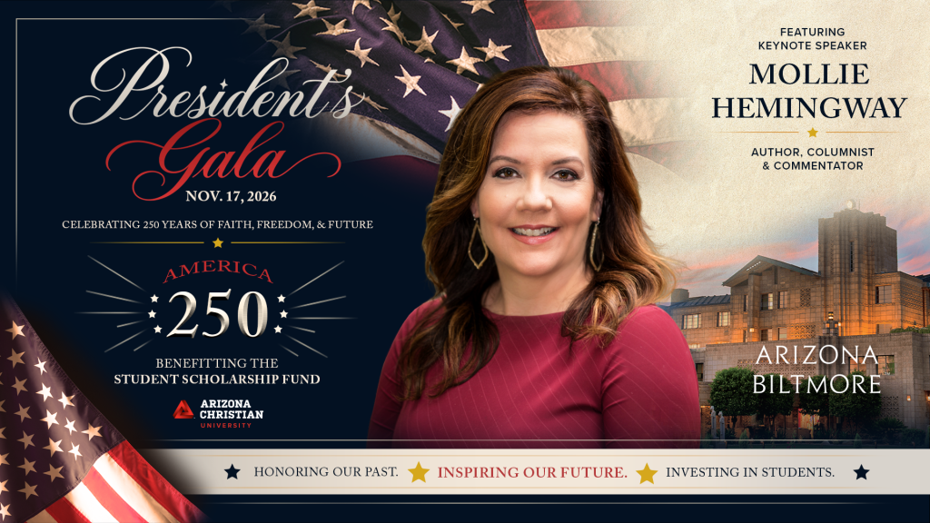 F2026-Presidents-Gala - Arizona Christian University Promotional banner for a President's Gala with a smiling woman in a burgundy dress, patriotic flag background, and event details about Arizona Christian University fundraising.