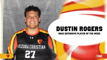 Smiling male athlete in a black Arizona Christian jersey (#27) poses for a portrait, with a large banner on the right announcing Defensive Player of the Week.