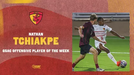 Graphic announcing Nathan TCHIAKPE as GSAC Offensive Player of the Week; left panel shows crest and name, right panel shows two players contesting the ball in a game.