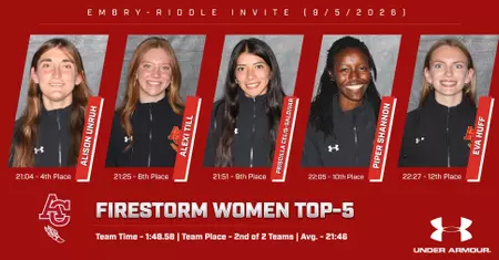 Six female athletes pose with red banners displaying their names and placements for the Firestorm Women Top-6, with team time and Under Armour branding in the background.