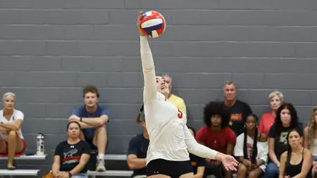 Female volleyball player in a white shirt serving the ball overhand in a gym, with a diverse group of spectators seated behind on the bleachers.