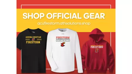 Banner promoting official Firestorm gear showing a black T-shirt, a white long-sleeve shirt, and a red hoodie.