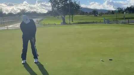 Golfer lining up a putt on a sunny golf course green, ball near the hole with a scenic background.