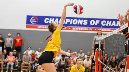 Female volleyball player in a yellow jersey jumps to spike the ball over the net during a match, with spectators watching from the bleachers in a gym.